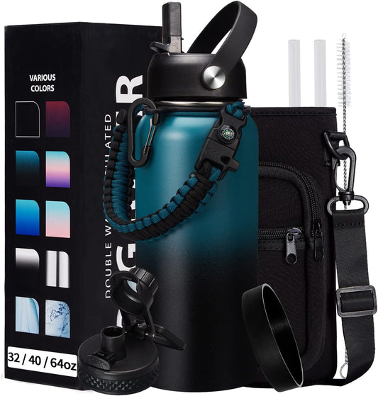 32/40/64/128 oz Insulated Water Bottle with straw & Spout Lids Keep Cold 48H Hot 24H, Large Water Flask Bottle with Shoulder Carrier Bag, Paracord Handle & Boot for Gym, Workout & Beach