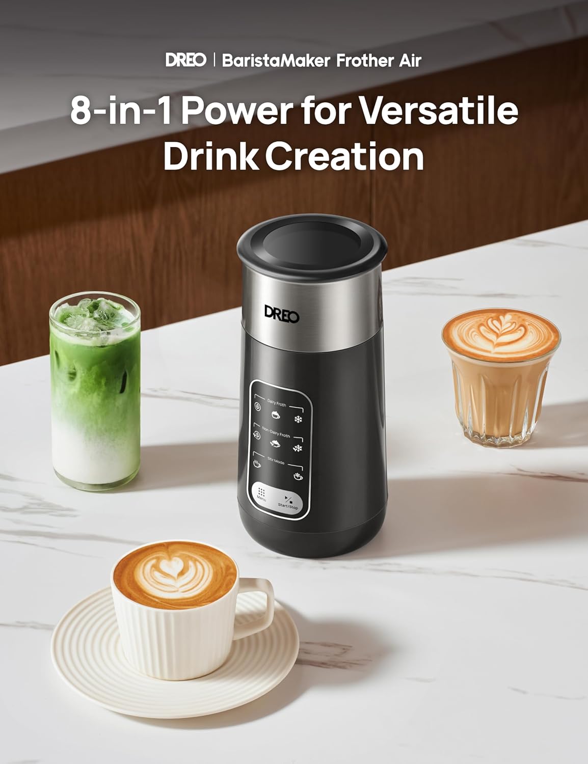 DREO 8-in-1 Milk Frother, Electric Stainless Steel Frother for Latte Art Microfoam and Coffee, 9oz/270ml Warm and Cold Foam Automatic Frothers, LED, Easy to Clean