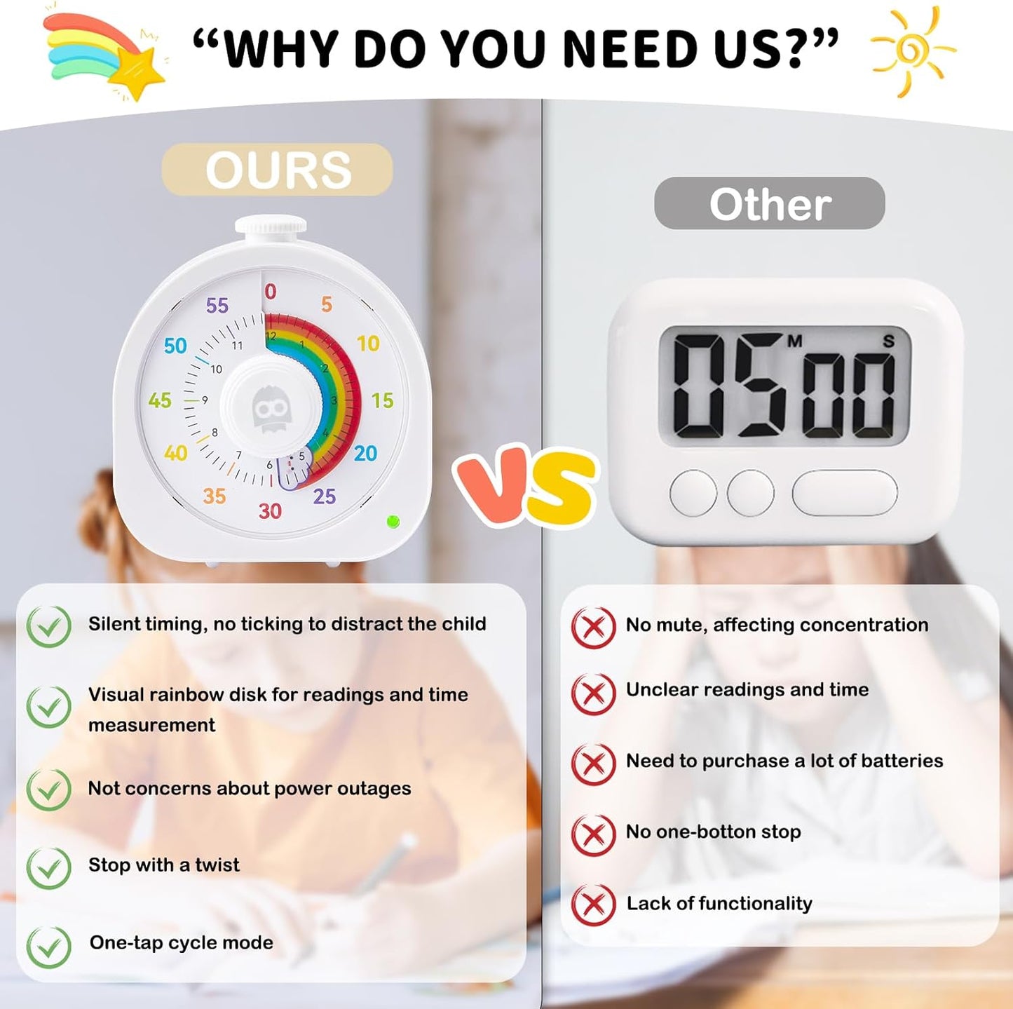 Visual Timer for Kids – 60min/12h Rainbow Magnetic Timer for Classroom, Rechargeable Silent Countdown Timer with Pomodoro Mode, ADHD Time Management Tool