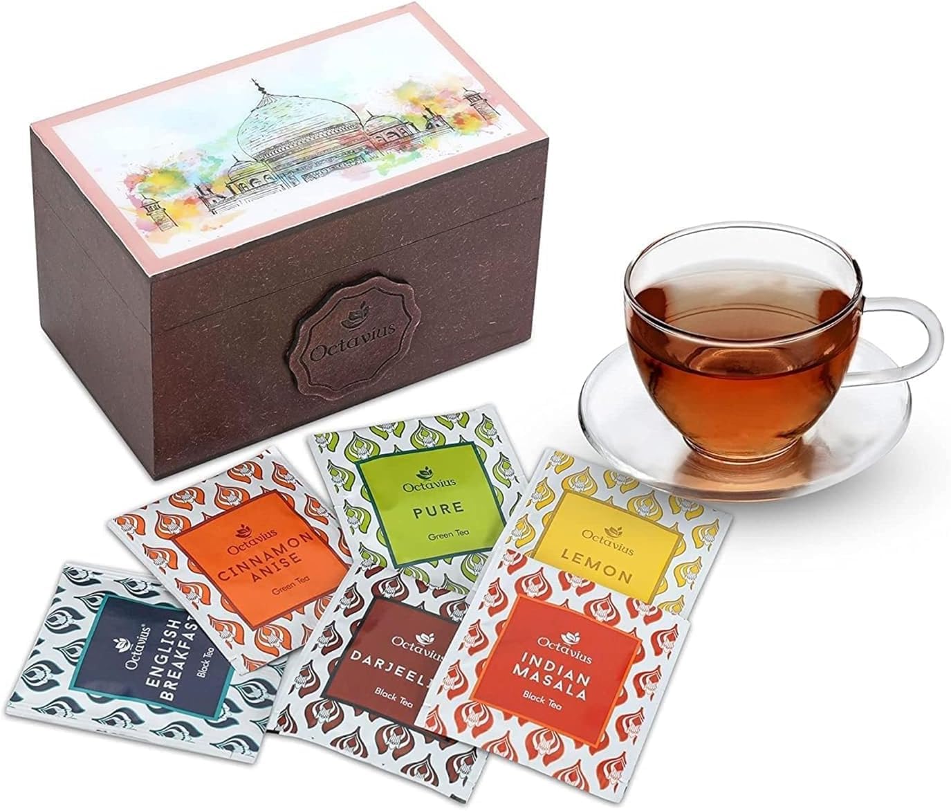 Octavius Assorted Tea Gift Set | 6 Flavored Black & Green Teas | 30 Premium Teabags in Each Box | Wooden Tea Sampler with Taj Mahal Design | Luxury Tea Gift Box | Pack of 2