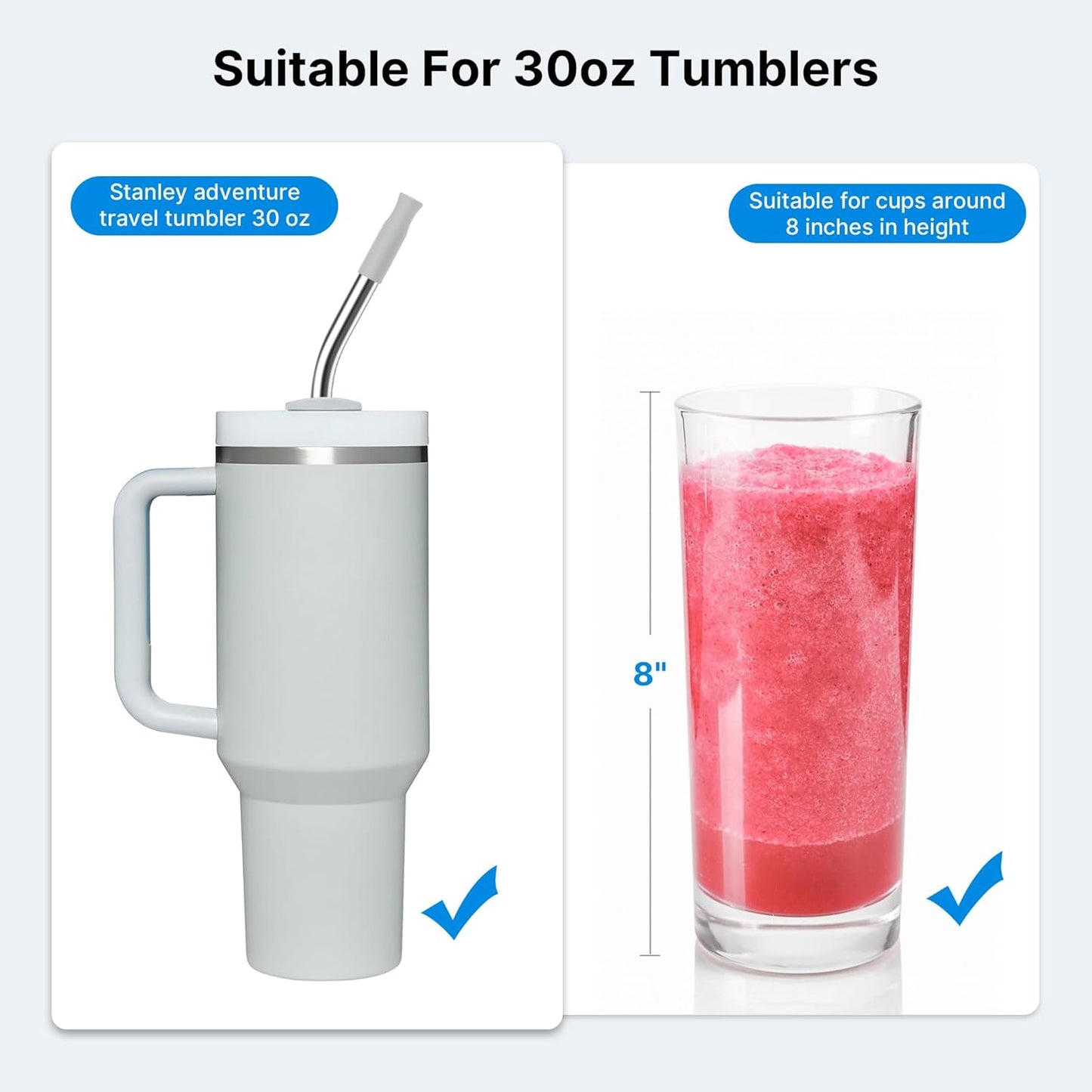 Repeatable Metal Straw with Silicone Tips for 40 oz Stanley Tumbler, 2 Pcs 40 oz Stainless Steel Straws Replacement for Stanley Tumbler, 1 Straw Brush, BPA Free（Light Gray）