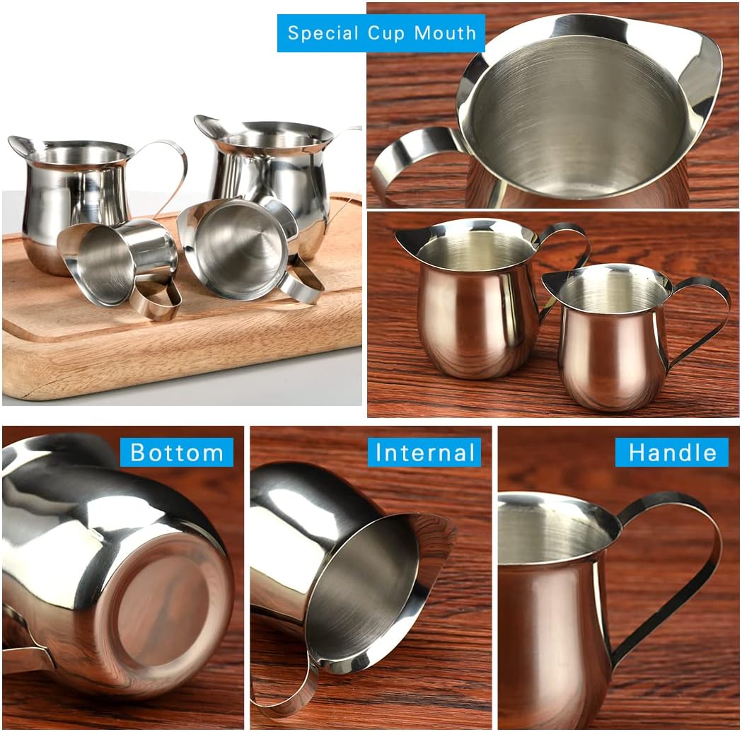 Rolin Roly 2Pcs Milk Frothing Pitcher Stainless Steel 60ml Small Bell-Shaped Creamer Mini Coffee Jug for Barista Cappuccino Espresso Cups Latte Art Pitcher
