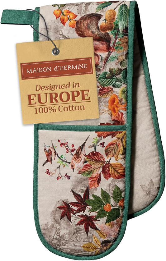 Maison d' Hermine Double Oven Mitts 100% Cotton 7"x35" Double Oven Mitt Heat Resistant BBQ Cooking Gloves with Loop, Baking, Grilling, Home, Kitchen, Handling Hot Pans (Recolte)