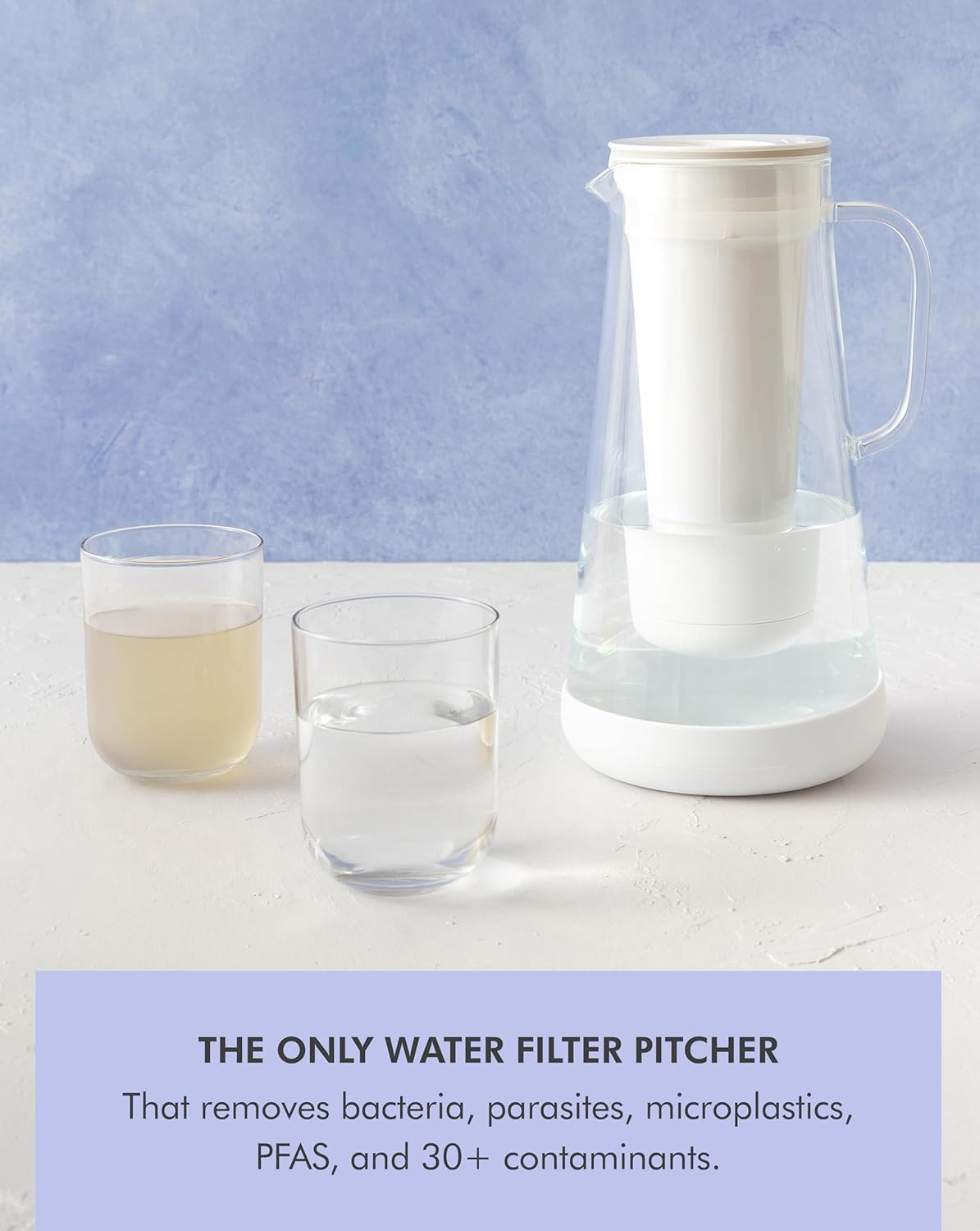 LifeStraw Home Water Pitcher, 7-Cup, White, Glass with Silicone Base, White, for Everyday Protection Against Bacteria, Parasites, Microplastics, Lead, Mercury, PFAS and a Variety of Chemicals