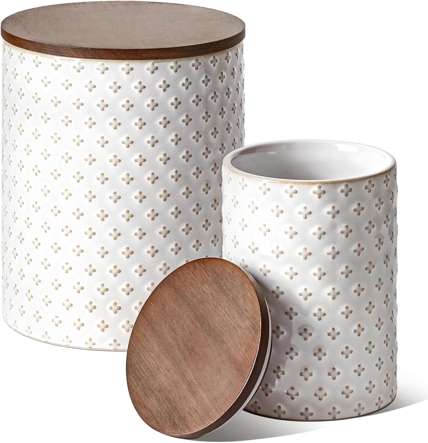 LE TAUCI Food Storage Containers with Airtight Lids, 78/25 oz Ceramic Sugar Canisters Sets, Embossed Large Jars for Pasta, Oats, Coffee Bean, Cookies, Rice, Grains, Tea - Set of 2, Clover