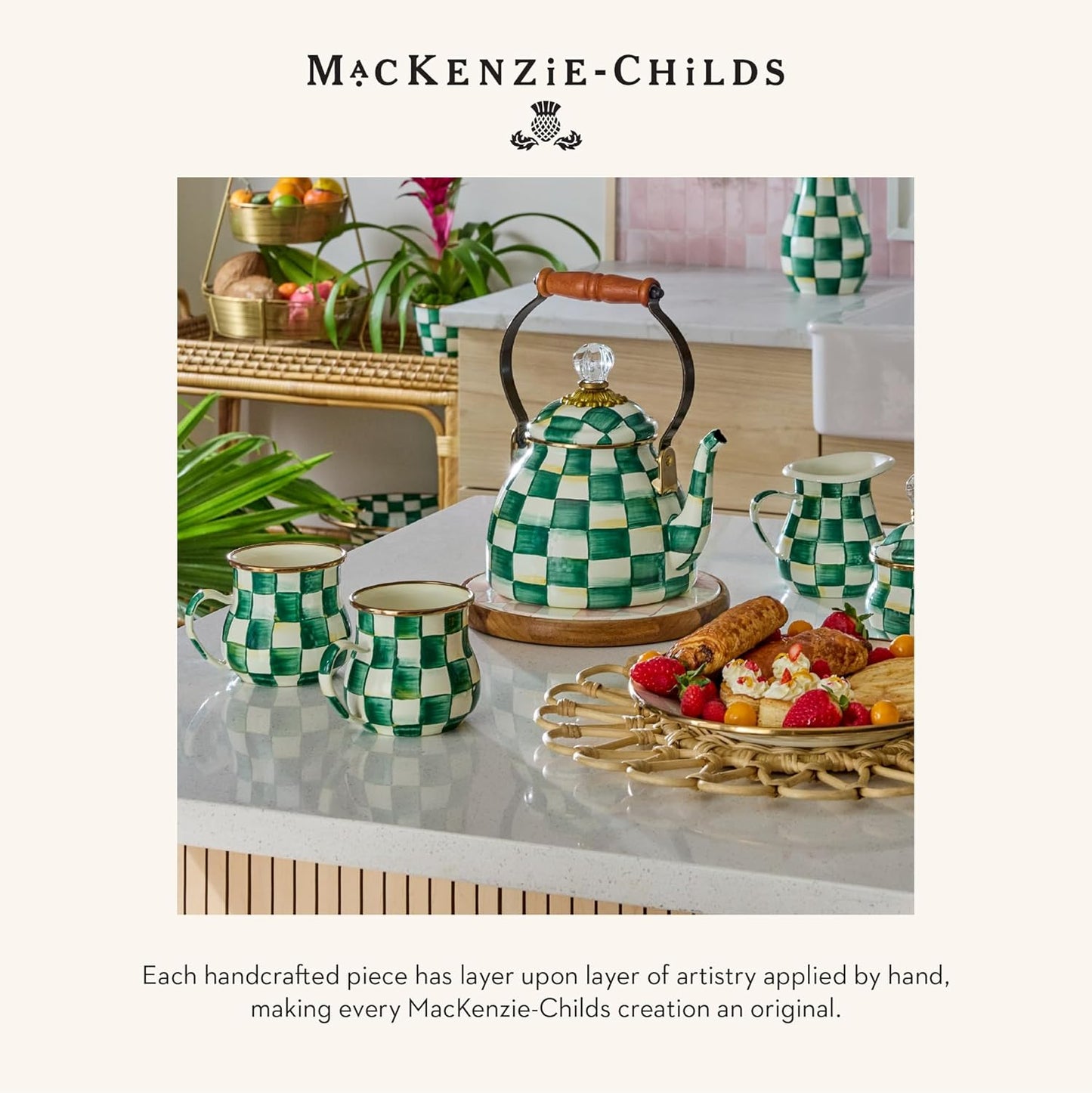 MACKENZIE-CHILDS Enamel Squashed Pot, Cute Enameled Container with Lid, 20 Ounces, Green-and-White Emerald Check