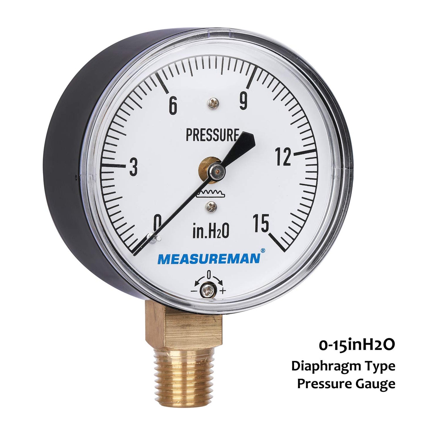 MEASUREMAN Diaphragm Type Capsule Low Pressure Gauge, 2-1/2" Dial, 1/4" NPT Lower Mount, Adjustable, 0-15 in H2O(Inches of Water)