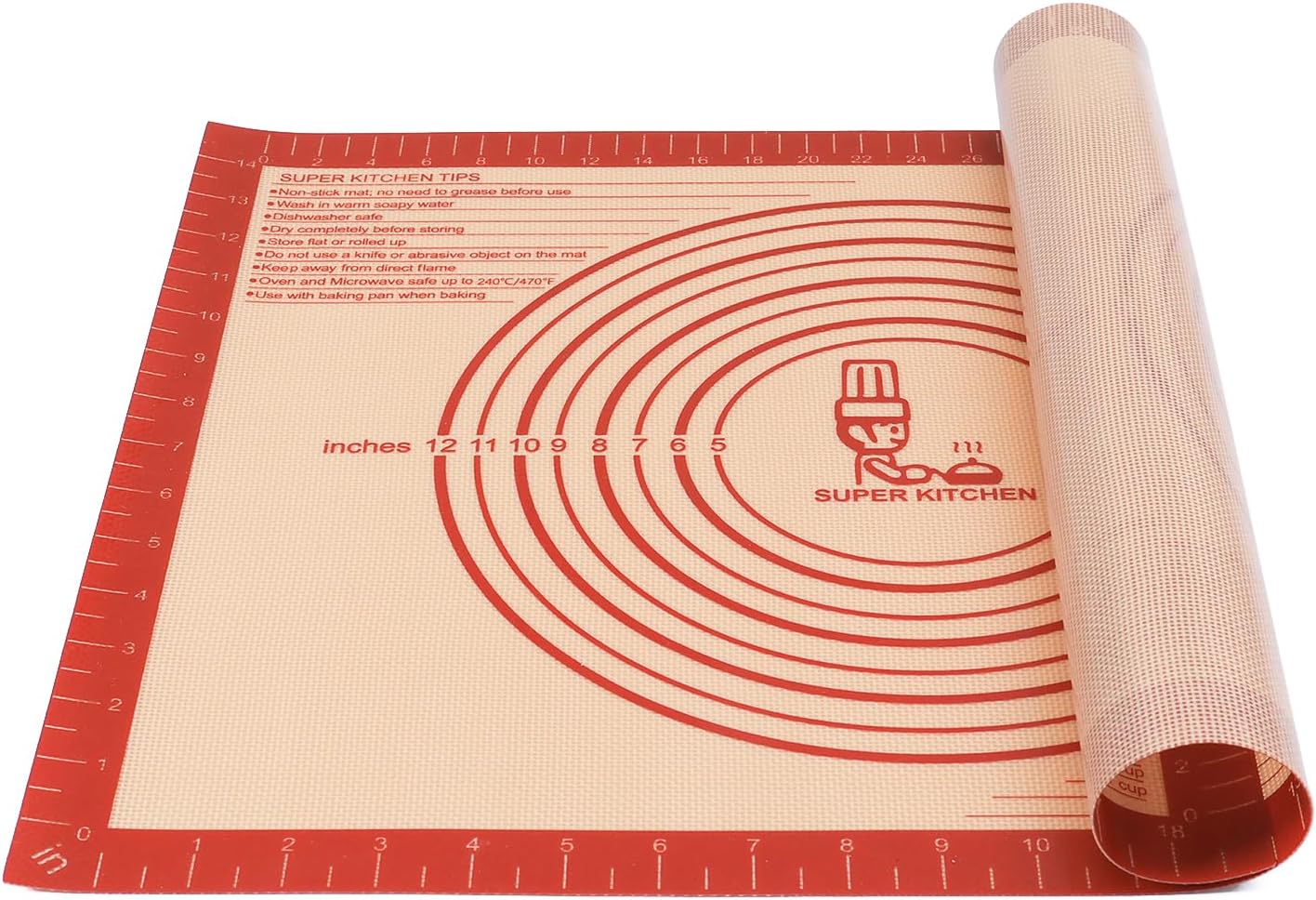 Extra Thick Silicone Pastry Mat Large for NonStick Silicone Baking Mat with Measurement，for Kneading, Fondant/Counter Pad, Dough Rolling, Silicon Cookie Sheet, Pie Crust Bake(16×24, Red)
