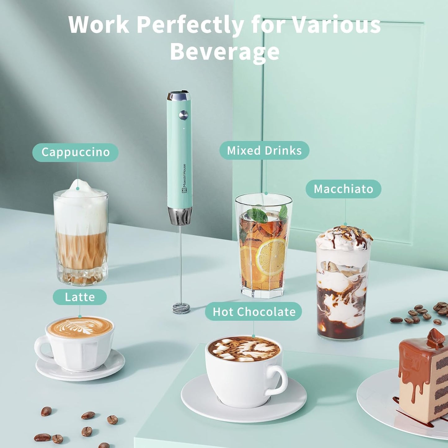 Maestri House Rechargeable Milk Frother, LunaFro NS Handheld Electric Foam Maker Waterproof Detachable Stainless Steel Whisk Drink Mixer Foamer for Lattes, Cappuccino, No Stand