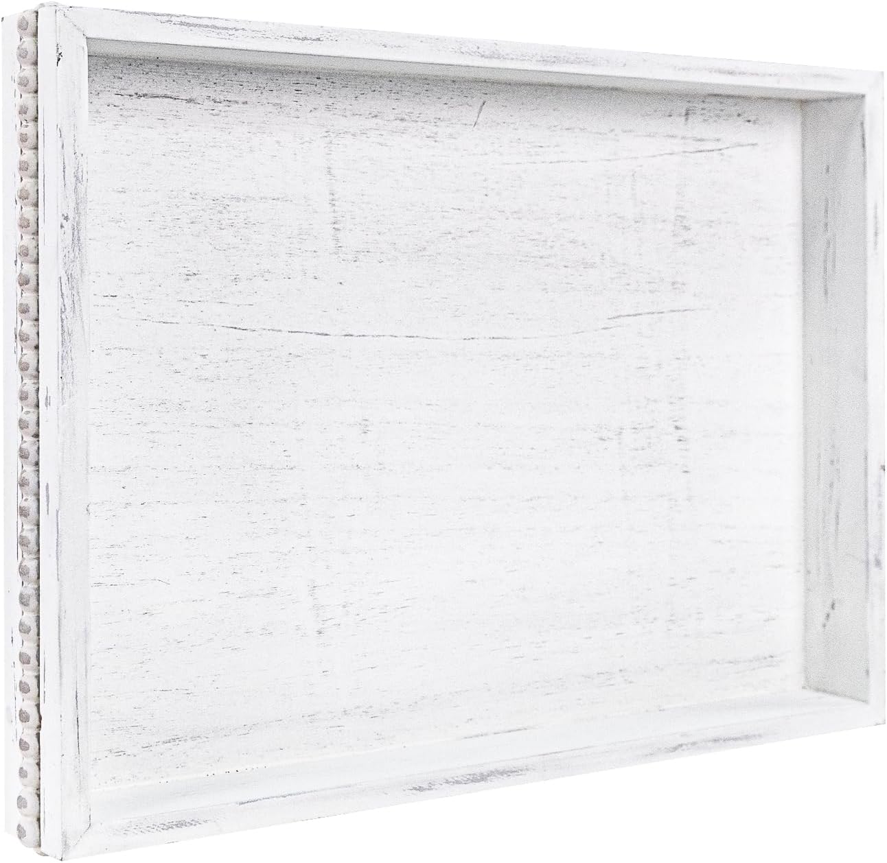 MAONAME Wood Serving Tray, Farmhouse Wooden Tray for Coffee Table, Rustic Rectangle Trays with Beads, Vintage White Decorative Trays for Living Room, Kitchen, 15.7" X 11.8" X 1.57"
