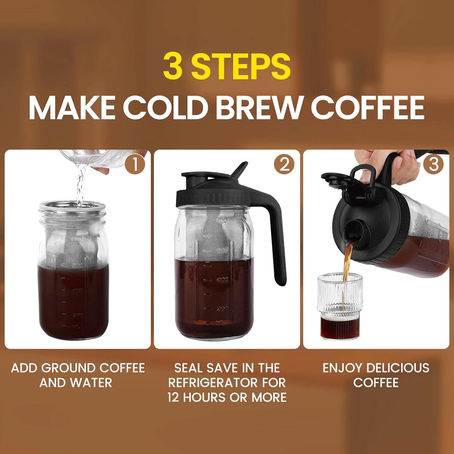 Cold Brew Coffee Maker,32 Oz Mason Jar Pitcher with Stainless Steel Filter, Pour Spout Handle Lid, Heavy Duty Glass Airtight & Leak-Proof Pitcher for iced coffee Tea Lemonade-Black