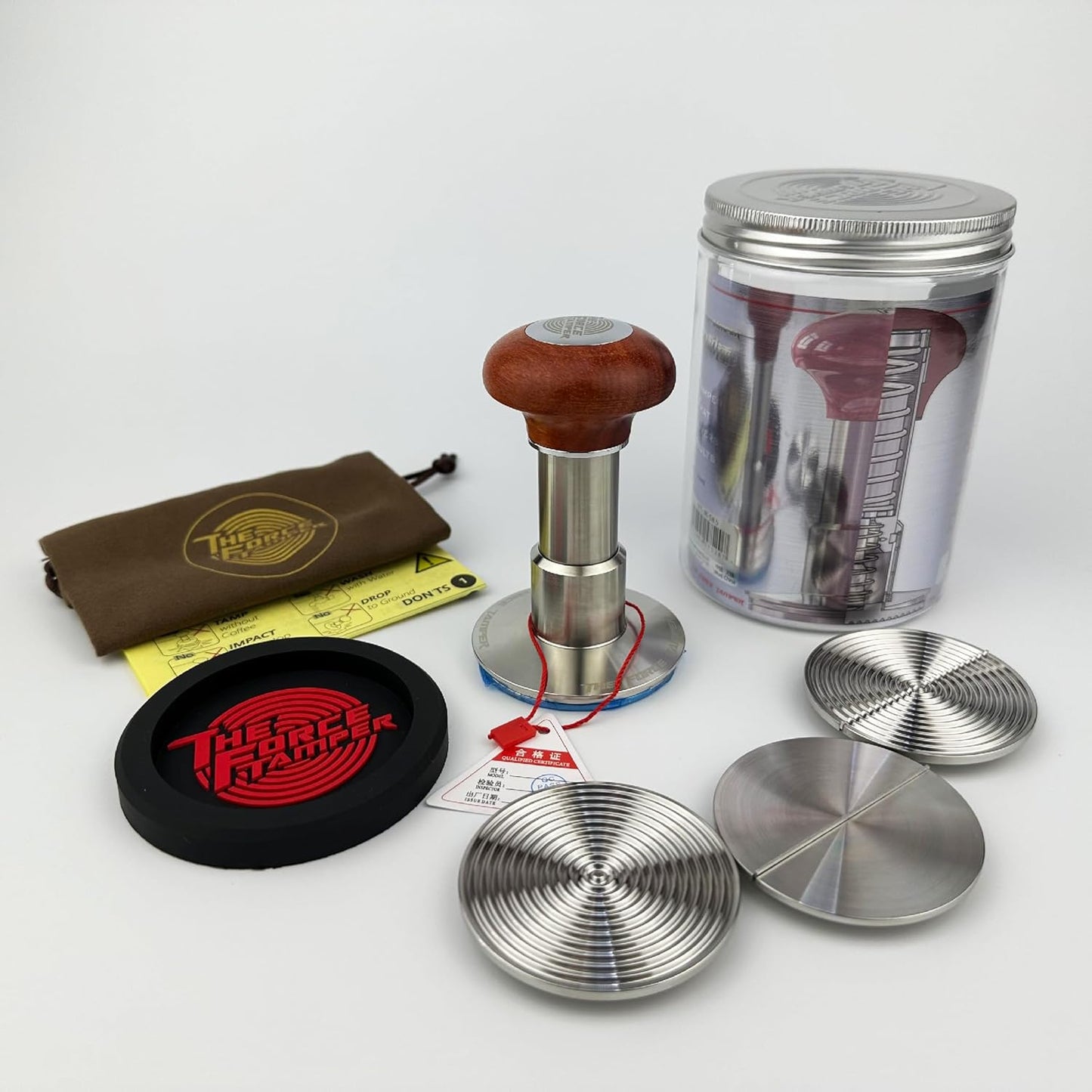 The Force Tamper Automatic Impact Adjustable Constant Pressure and Autoleveling Coffee Tamper Reddish Brown Jellyfish Wooden Handle Set Pro (Duo-Distribute Set, 53.50mm)