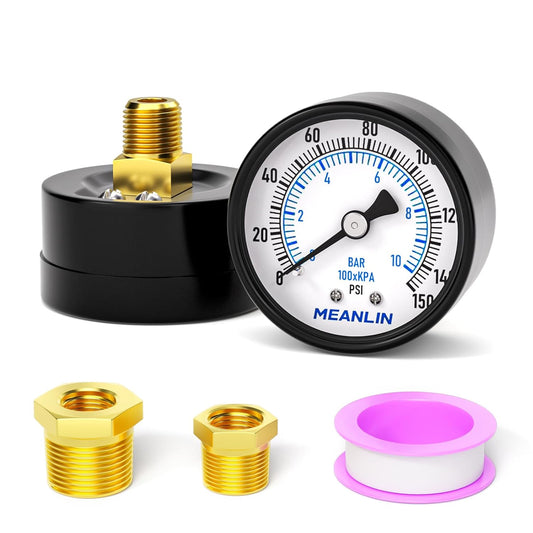 MEANLIN MEASURE 0-150Psi 2" DIAL FACE 1/4" NPT Well Pump Pressure Gauge, with 1/2" NPT and 3/8" NPT Hex Bushing, 3-2-3% Accuracy, Center Back Mount
