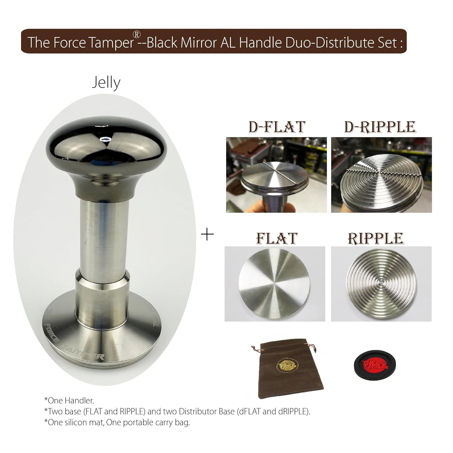 The Force Tamper Automatic Impact Adjustable Constant Pressure and Autoleveling Coffee Tamper Black Mirror Jellyfish AL Handle Set Pro (Duo-Distribute Set, 58.50mm)