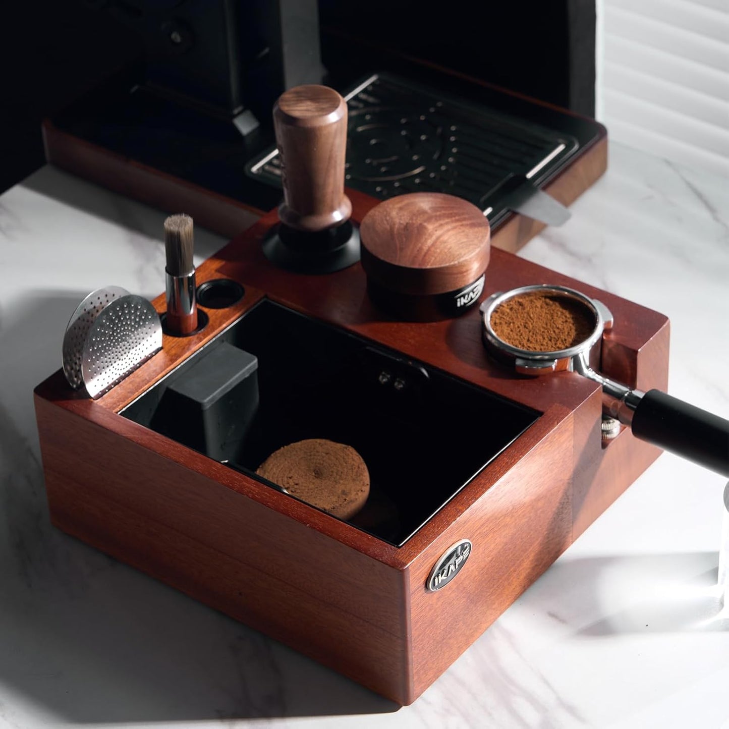 IKAPE V2 Espresso Knock Box, Espresso Coffee Organizer Box Fit for Storage 51 to 58MM Espresso Tamper, Distributor, Portafilter & Puck Screen Accessories, Natural Walnut Station Base (8 IN One)
