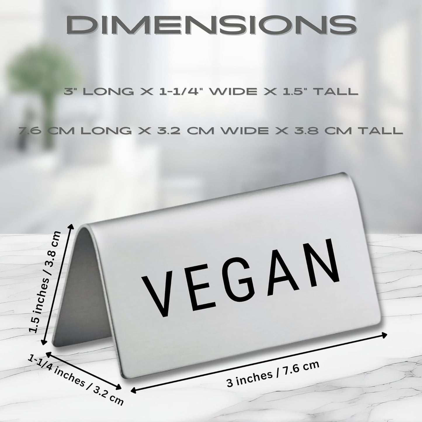 Vegan Stainless Steel Metal Table Tent Sign - 3" x 1-1/2" - Table Top Setting for Restaurants, Catering Businesses, Business. Great for Wedding, Banquet, Buffet, Party, Events. To Label Food Areas for Special Dietary Needs-12 PK