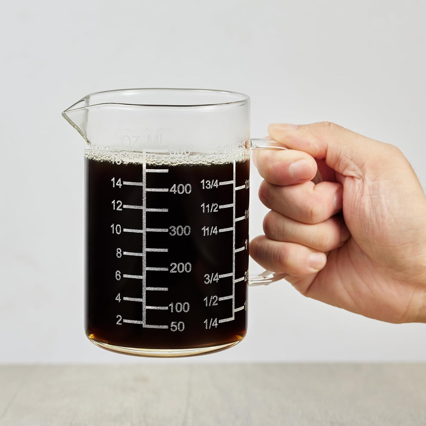 Ackers Mirror Etching Scale Glass Measuring Cup-[Insulated handle | V-Shaped Spout]-Made of High Borosilicate Glass Measuring Cup for Kitchen or Restaurant, Easy to Read, 500 ML (16 Oz, 2 Cup)