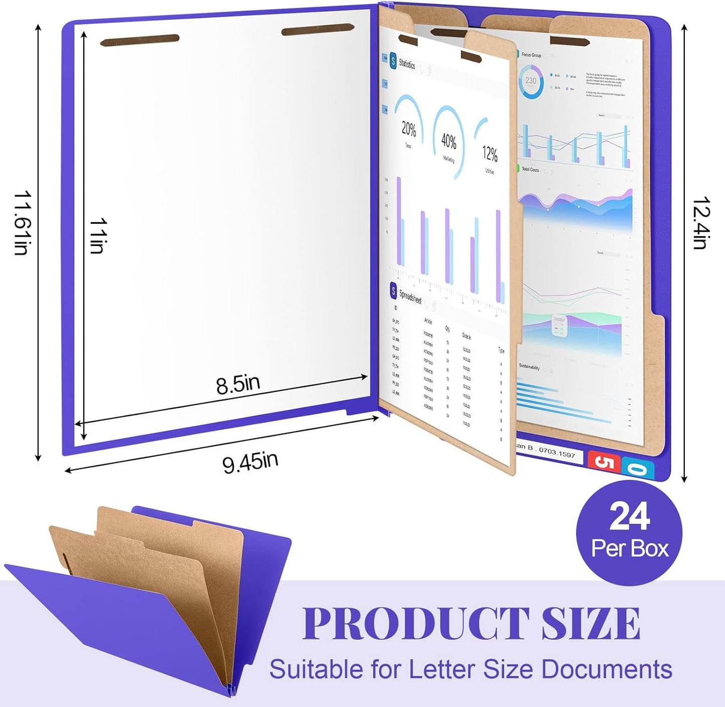 24 Pcs Classification Folders Letter Size, Back to School Supply for Teacher, Student, 2 Dividers Pressboard File Folder Bulk with Fasteners, 3.5 Inch Expanding File Organizer(Purple)