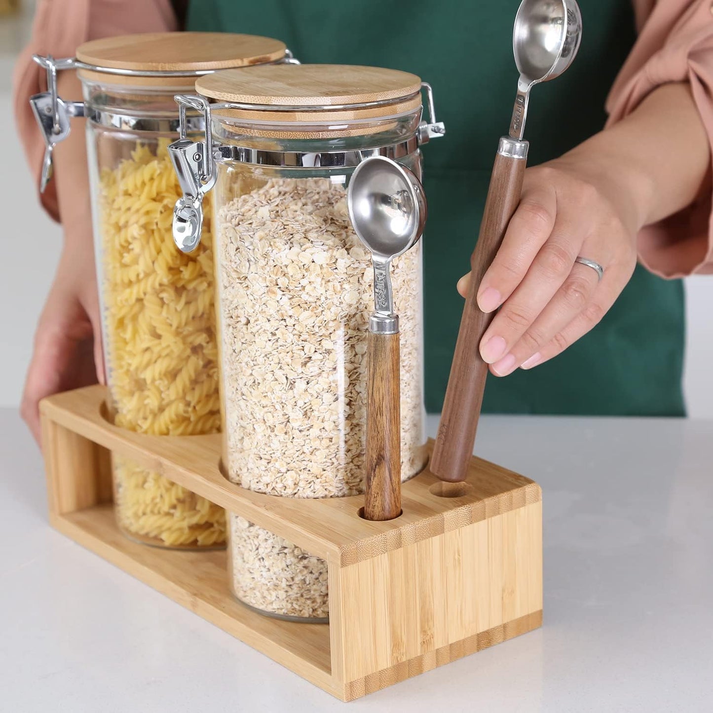 KKC Airtight Tall Glass Coffee Sugar Jar Canisters with Hinged Lids and Scoops for Kitchen Countertop,Sealed Glass Containers for Ground Coffee, Beans,Brown Sugar,Loose Tea,Cereal,Oatmeal,Flour