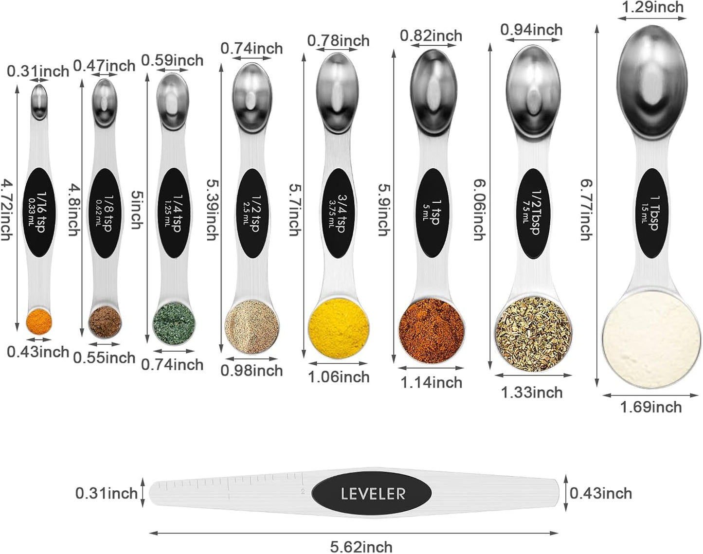 Aovchei 9 PCS Magnetic Measuring Spoons Set, Dual Sided, Stainless Steel Small Tablespoon, Teaspoons, Fits in Spice Jars, for Dry and Liquid, Black