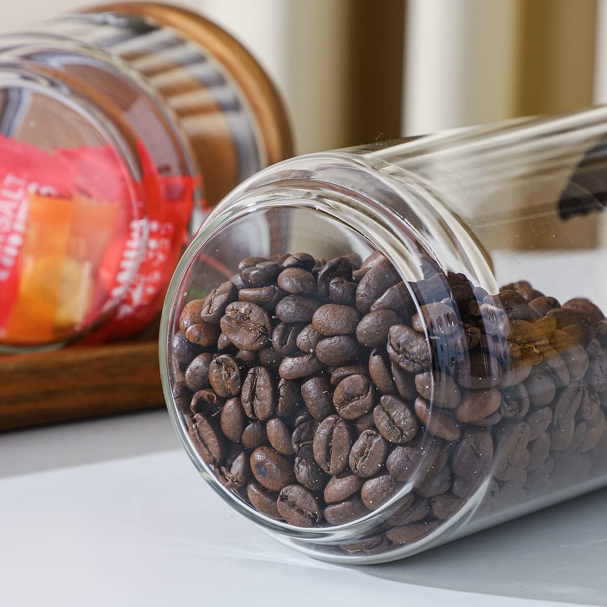Glass Storage Containers Set of 4, 15 FL OZ High Borosilicate Glass Jars Kitchen Food Canisters with Acacia Wood Lids for Coffee Beans/Sugar/Tea/Nuts