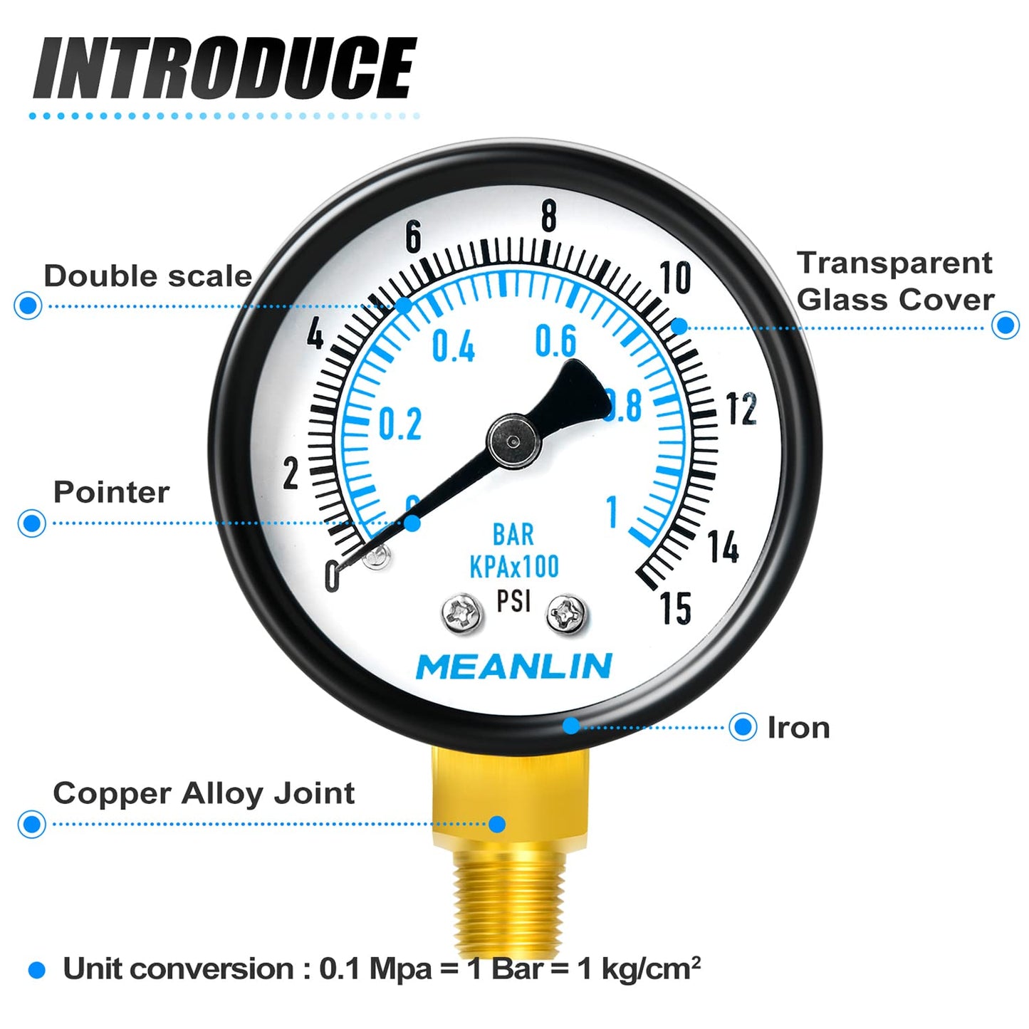 MEANLIN MEASURE 0-15Psi 2" DIAL FACE 1/8" NPT Well Pump Pressure Gauge, with 1/4" NPT and 3/8" NPT Hex Bushing, 3-2-3% Accuracy, Lower Mount