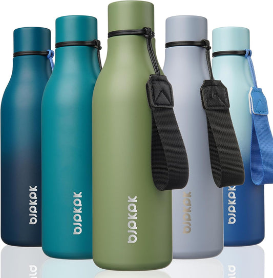 BJPKPK Insulated Water Bottles, 18 oz Stainless Steel Metal Water Bottle with Strap, BPA Free Leak Proof Thermos, Mugs, Flasks, Reusable Water Bottle for Sports & Travel, Forest Green