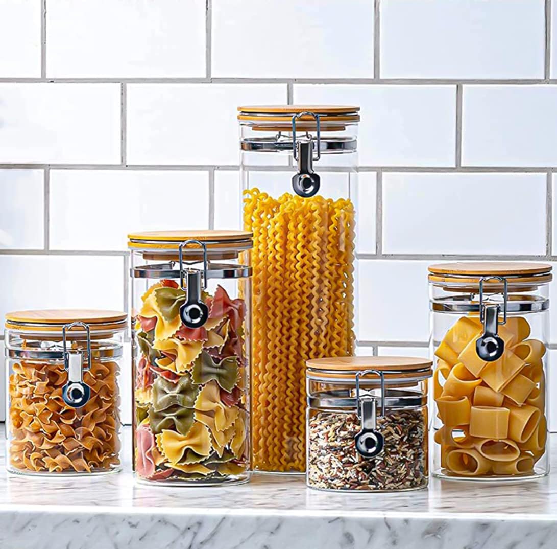 Set of 5 Borosilicate Glass Sugar Packet Holder Food Storage Jar Containers with Airtight Bamboo Clamp Lid, Airtight Canisters for Kitchen Bathroom and Pantry Organization, Cookie Jars for Flour