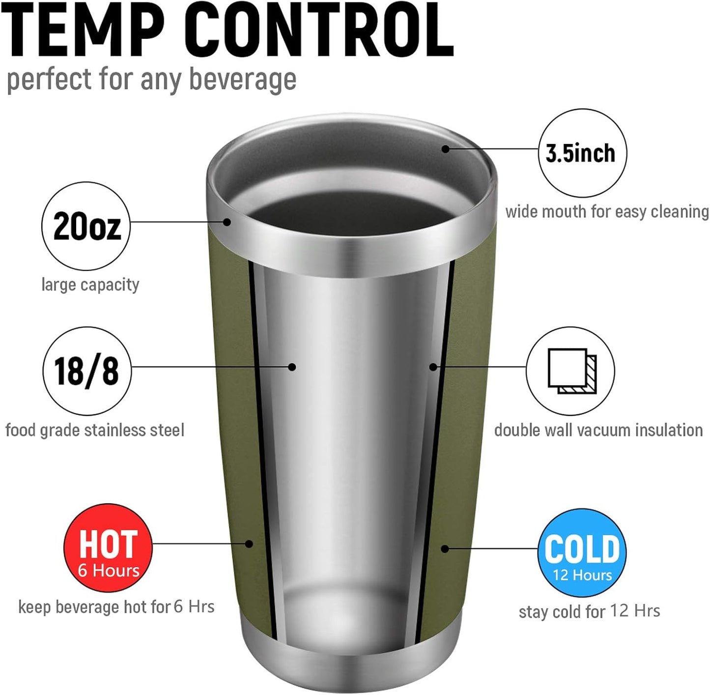 COMOOO 20oz Double Wall Vacuum Insulated Travel Mug, Stainless Steel Tumbler with Lid and Straw Durable Powder Coated Insulated Coffee Cup for Cold & Hot Drinks (Army Green, 12 pack