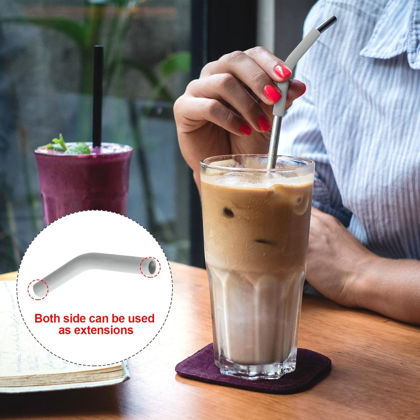 6Pcs Metal Straw Silicone Tips 5/16 IN Wide(8mm Outer Diameter) Food Grade Rubber Straw Covers Gray Flex Elbow Straw Replacement Tip for Stainless Steel Metal Straws