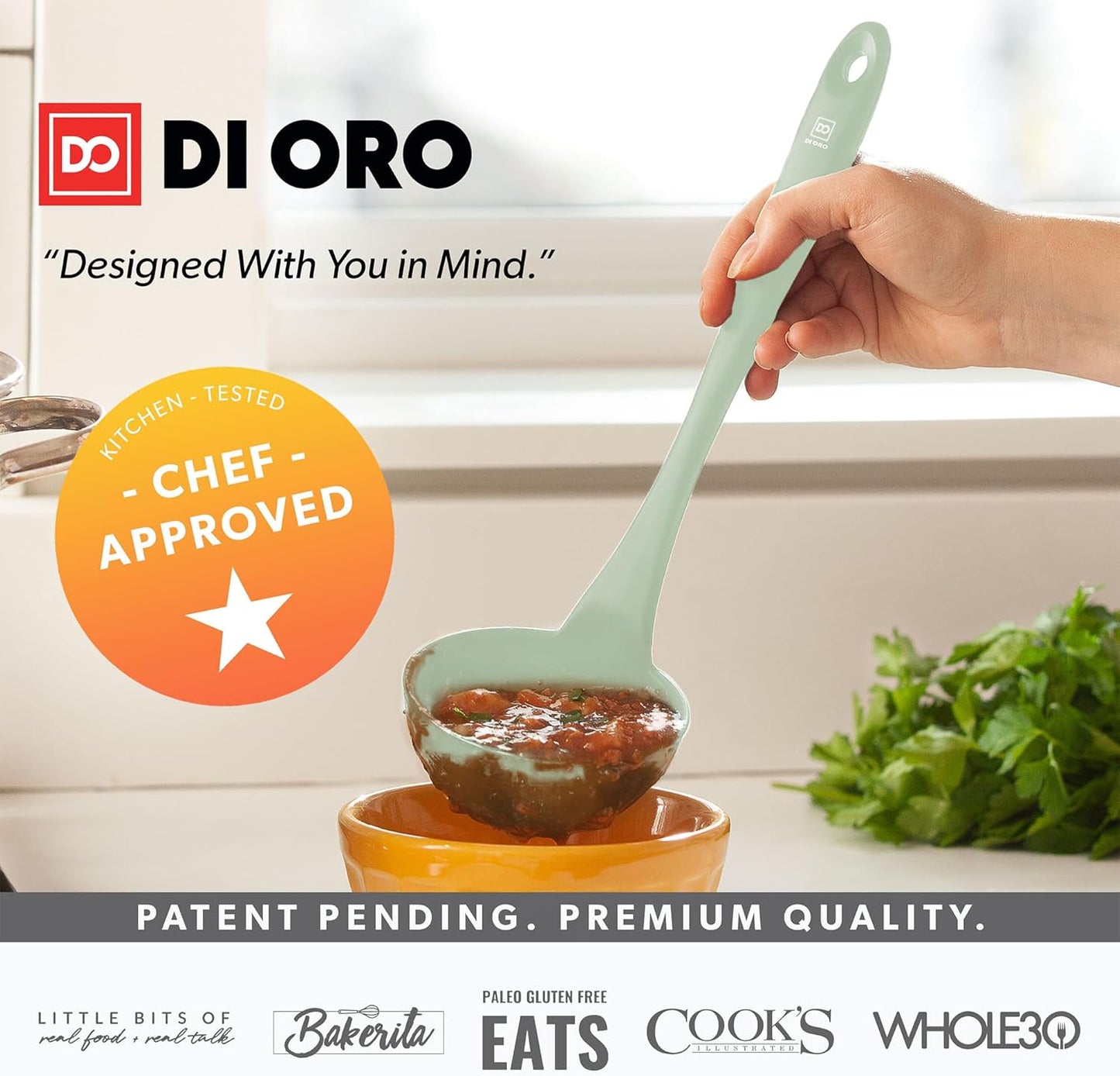 DI ORO Silicone Ladle – Soup Ladle for Cooking & Serving Heat-Resistant - Large Kitchen Soup Ladle Nonstick Cookware Safe - Soup Serving Spoon with Wide Bowl - Silicone Utensil Dishwasher Safe (Sage)