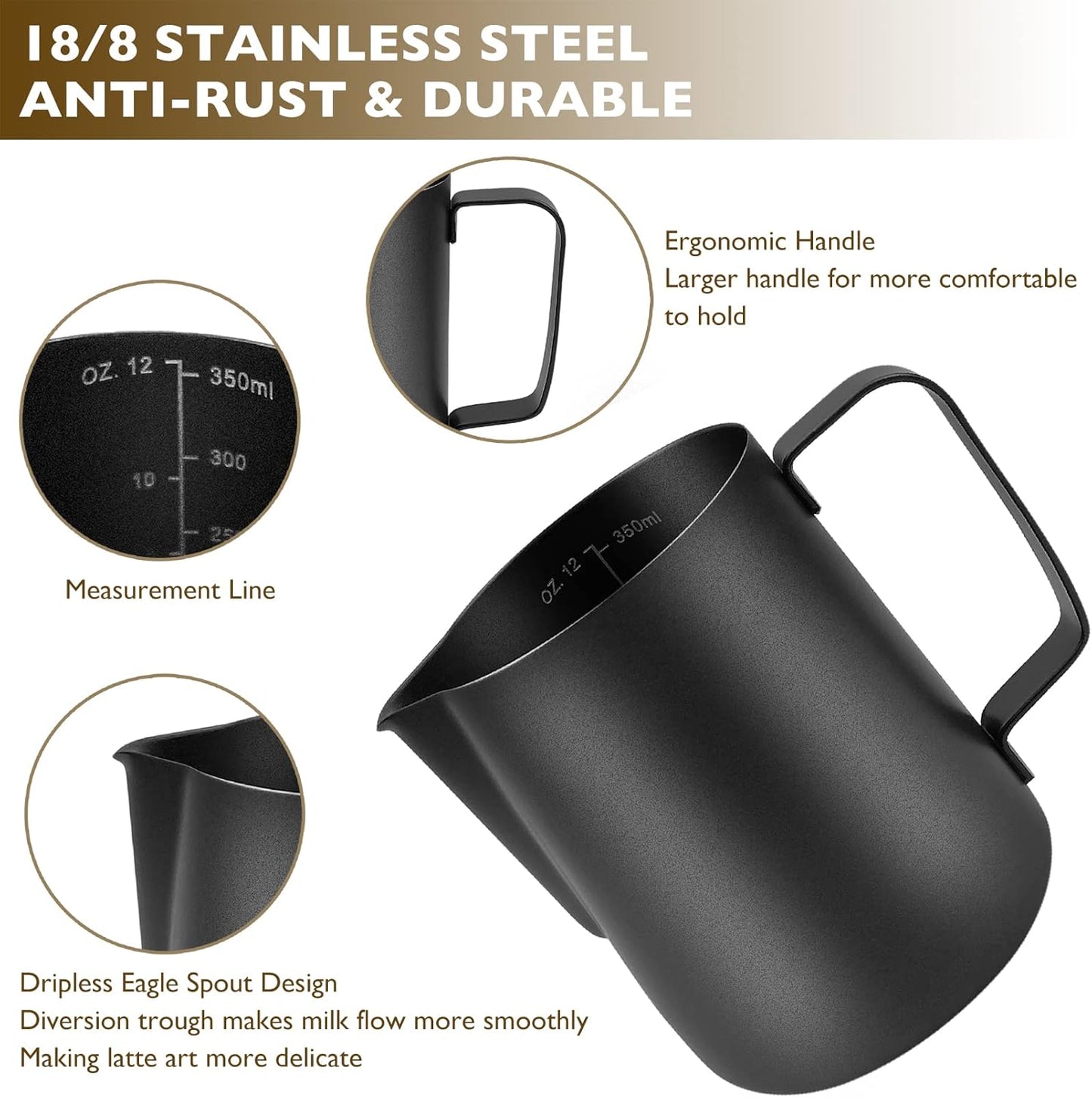 CAMKYDE Stainless Steel Milk Frothing Pitcher 20 oz, Espresso Steaming Pitcher with Decorating Pen for Espresso Machines, Cappuccino, Latte Art (Matte Black)