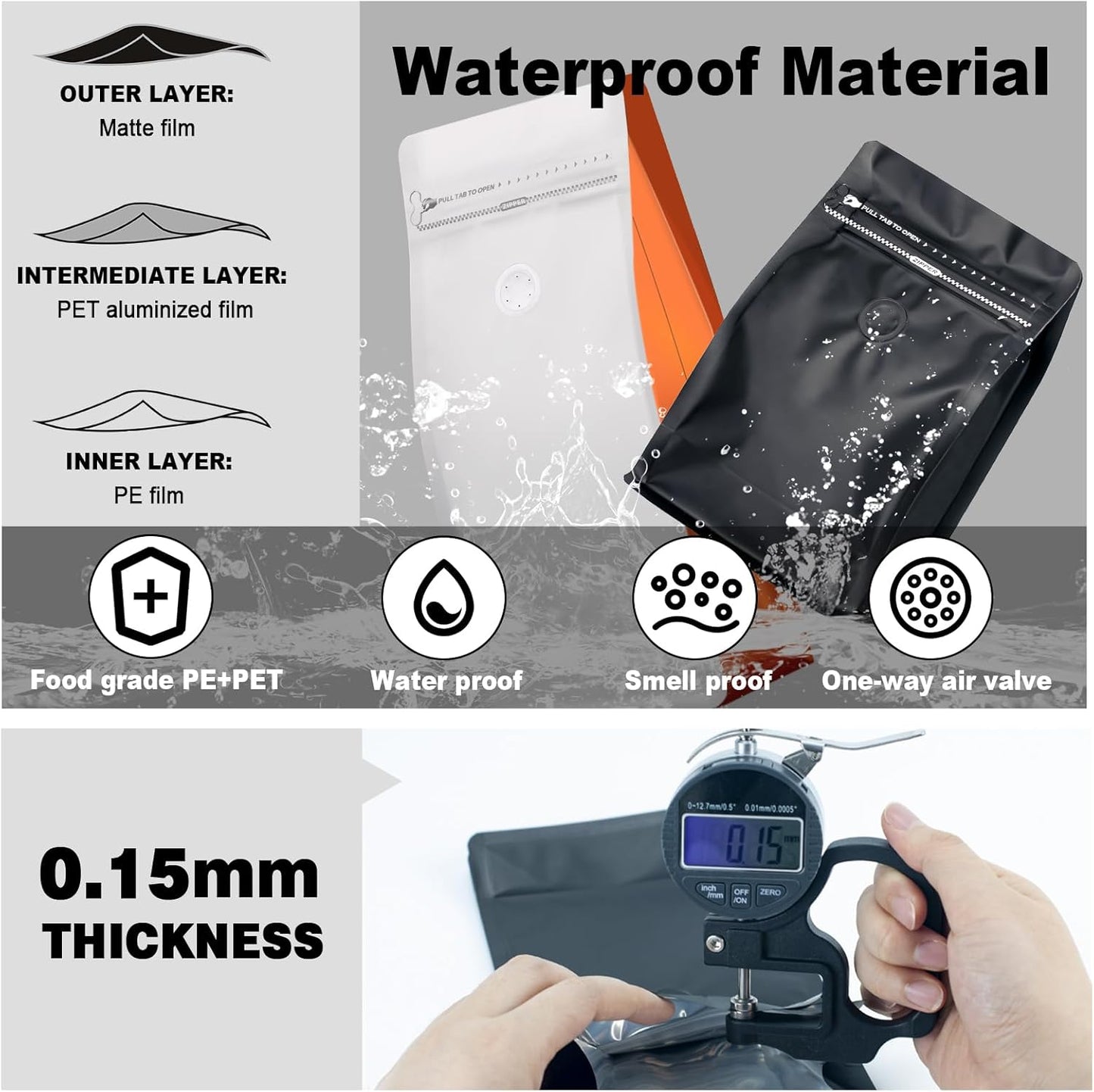 Coffee Bags with Valve(60pcs,16 oz,1 lb) Vented Coffee Beans Packaging Bags High Barrier Aluminumed Foil Flat Bottom Heat Sealed Side Zipper Resealable Storage Bag for Home or Business（White+Gold）