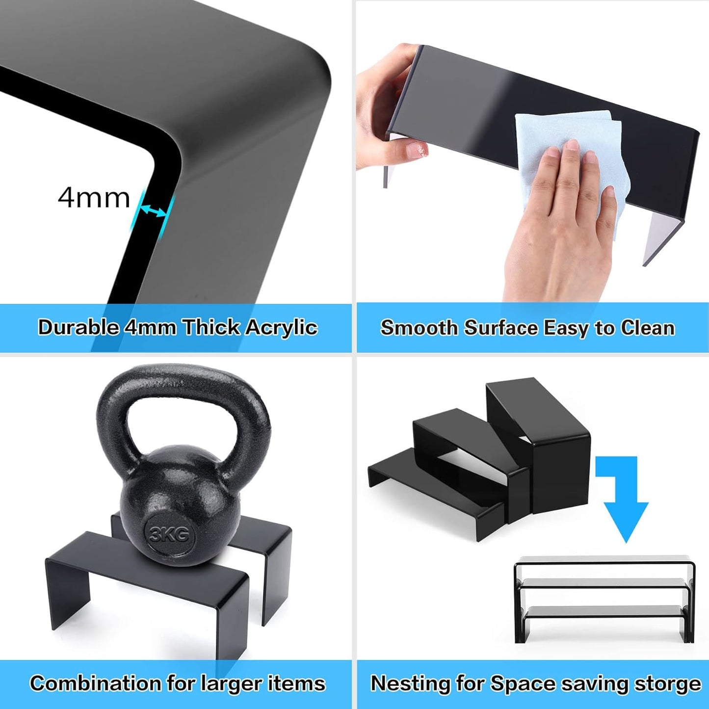 Goabroa Black Acrylic Display Risers, 3 Tiers 2 Set (6 Pcs) Acrylic Shelves Organizer Display Stand, Conutertop Desktop Stands for Decoration and Organizer