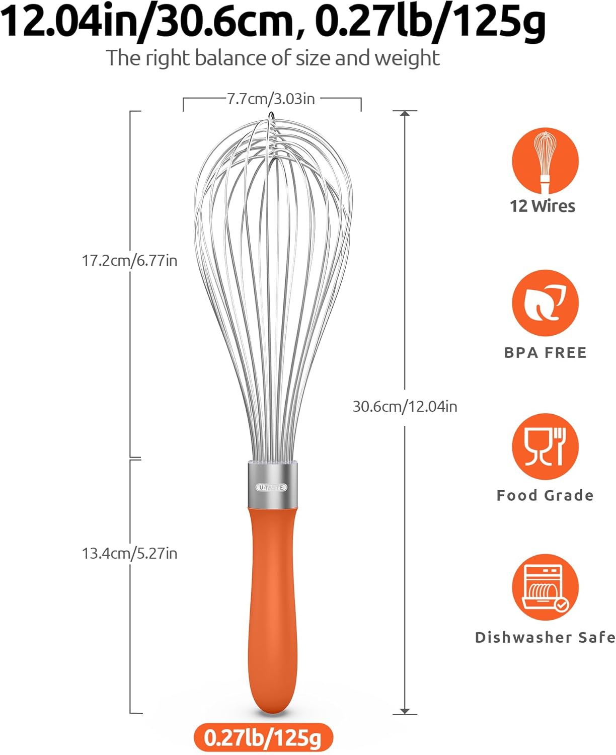 U-Taste Balloon Whisk for Cooking: 18/10 Stainless Steel Kitchen Wire Whisk, 12in Large Heavy Duty Egg Beater, Manual Mixing Tool with 12 High Flex Wires for Stirring, Blending Sauce (Orange)