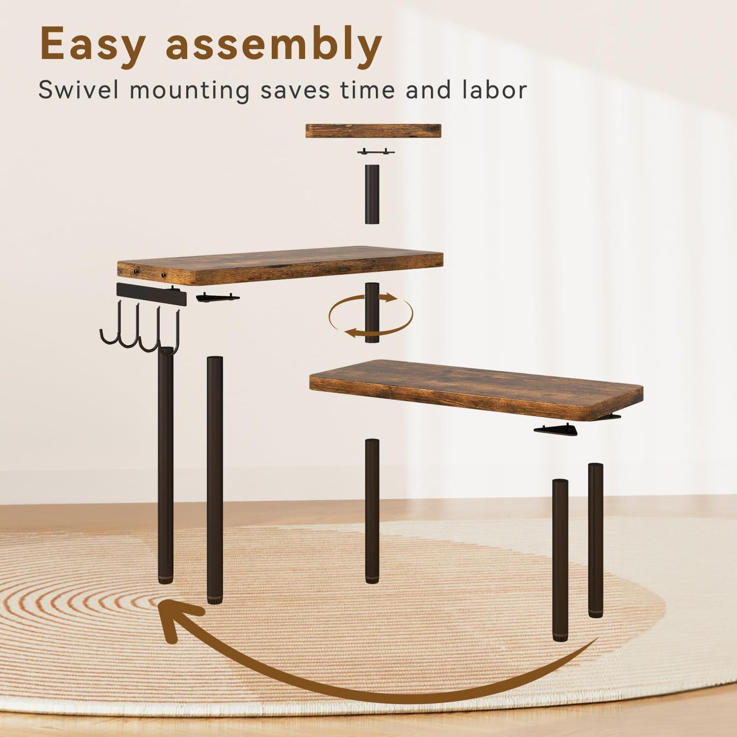 IBUYKE Countertop Organizer,3-Tier Spice Racks,Kitchen Counter Corner Shelf,4 Side Hooks,Adjustable Countertop Shelf for Kitchen, Bathroom, Coffee Bar, Cabinet, Desk,Rustic Brown,TLJ023H