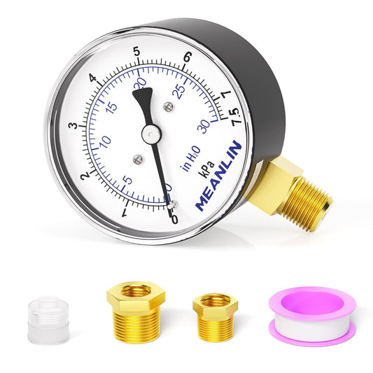 MEANLIN MEASURE 0-30 in H2O Diaphragm Type Capsule Low-Pressure Gauge, Water Column Gauge, 2.6" Dial, 1/4" NPT, Rear Adjustable Knob, with 1/2" NPT and 3/8" NPT Hex Bushing, Lower Mount
