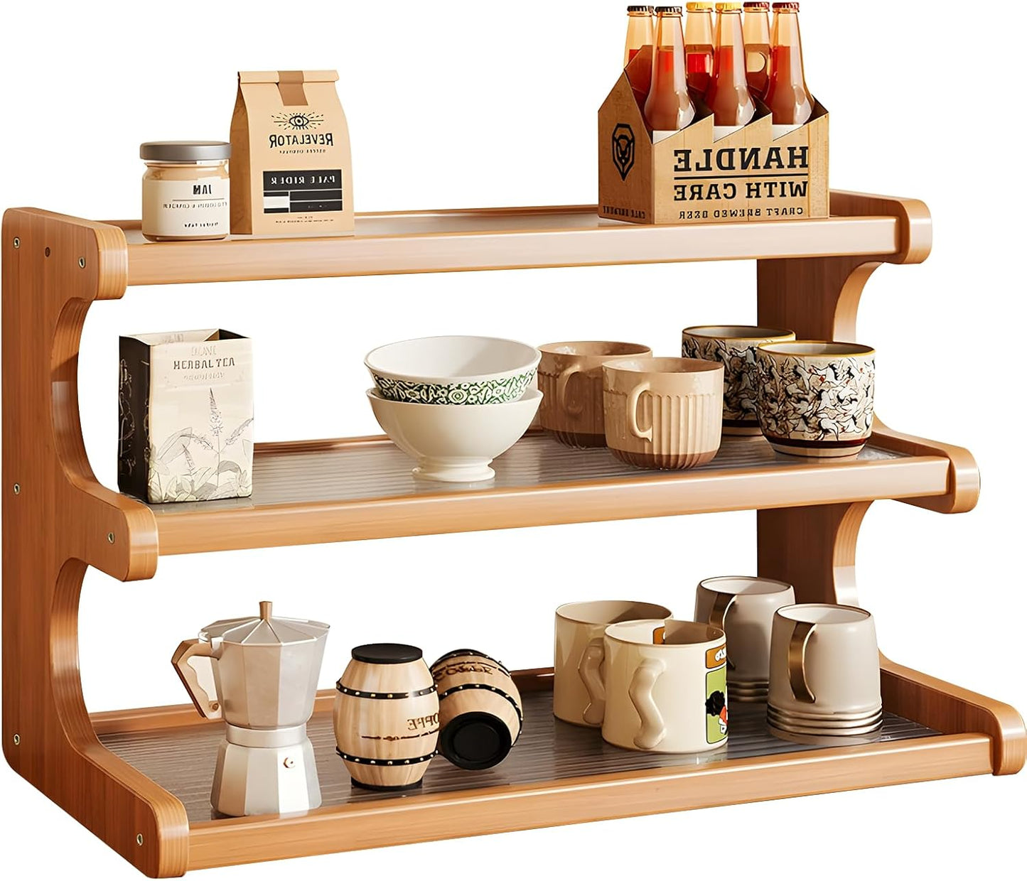 Coffee Station Organizer 3 Tier Coffee Mug Shelf Bamboo Cup Holder Acrylic Home Storage Mugs Hooks for Kitchen Countertops, Tea Bar Accessories, Matcha Stand, Cups, Condiment Storage Rack