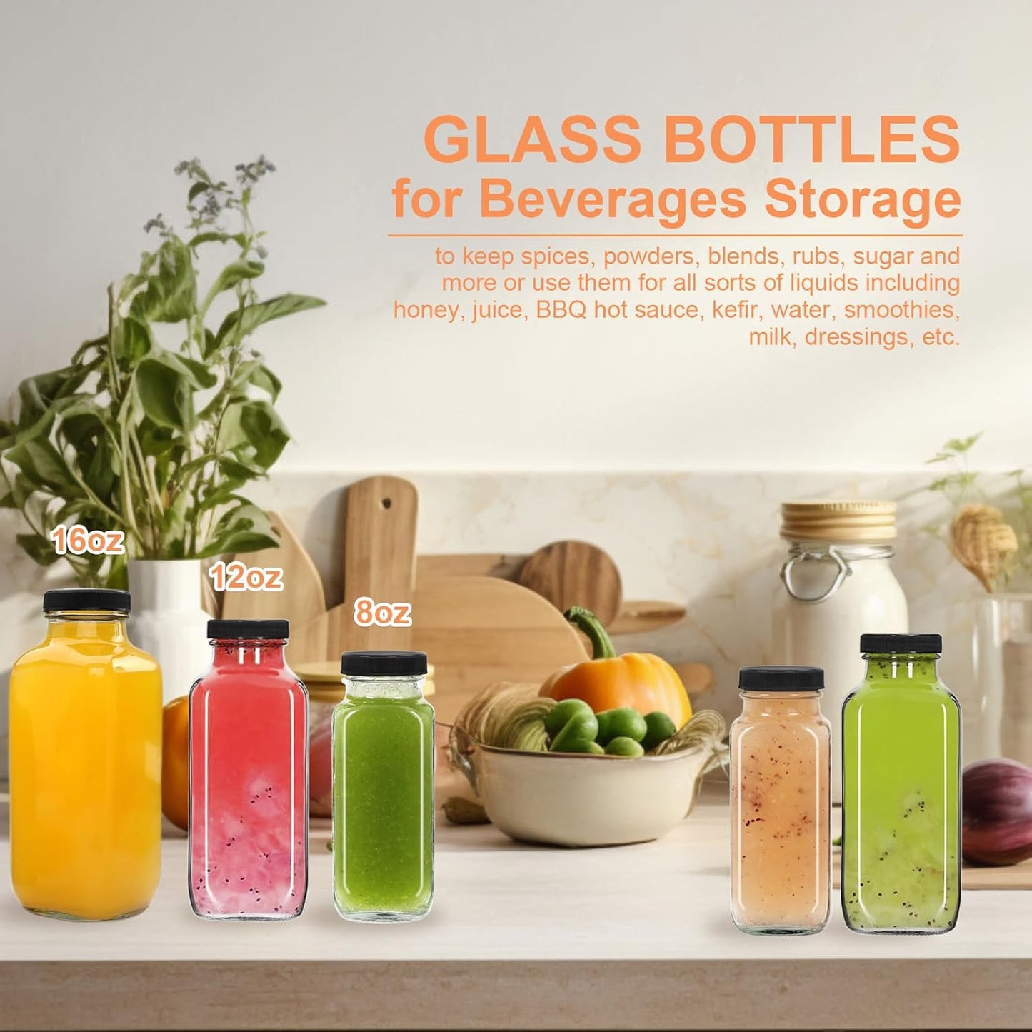 3 pack 8 oz Glass Juice Bottles with Lids, 250 ml Reusable Glass Water Bottles, Empty Drink Containers Drinking Jars with Brush, for Milk, Juicing, Kombucha, Ginger