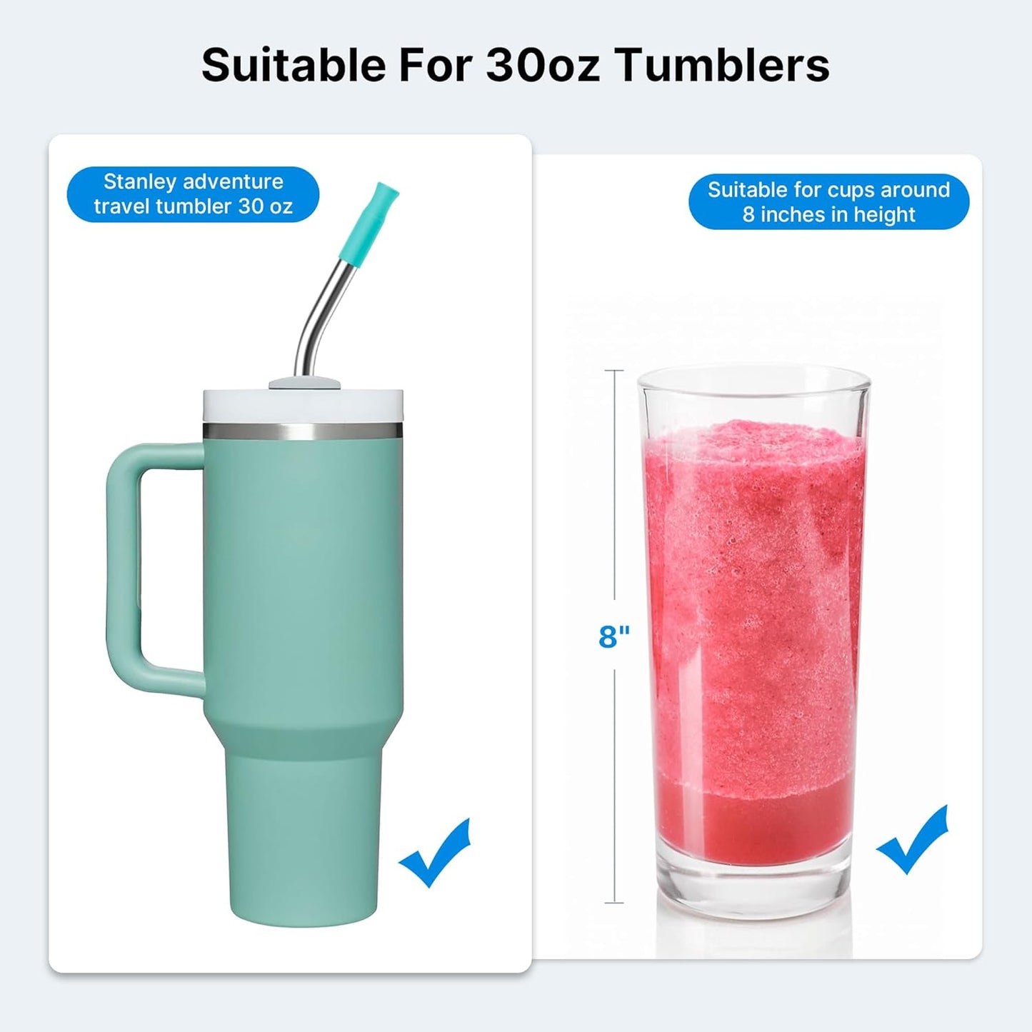 2 Pcs Stainless Steel Straw with Silicone Tips for 40 oz Stanley Tumbler, Repeatable 40 oz Metal Straws for Stanley Adventure Quencher Travel Tumbler Cup, BPA Free（Light Green）