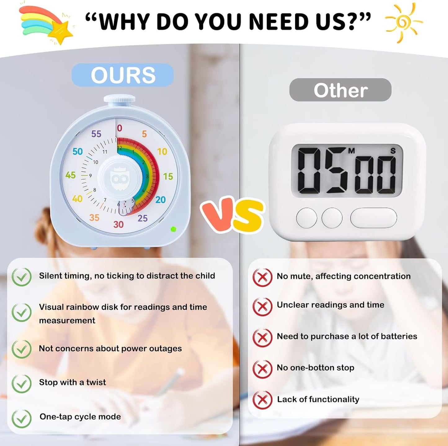 Visual Timer for Kids, Rechargeable Timer for Classroom Office Kitchen with 'Rainbow' Pattern Design, 60min/12h Silent Countdown Timers, Pomodoro Timers Management Tool for Toddler ADHD