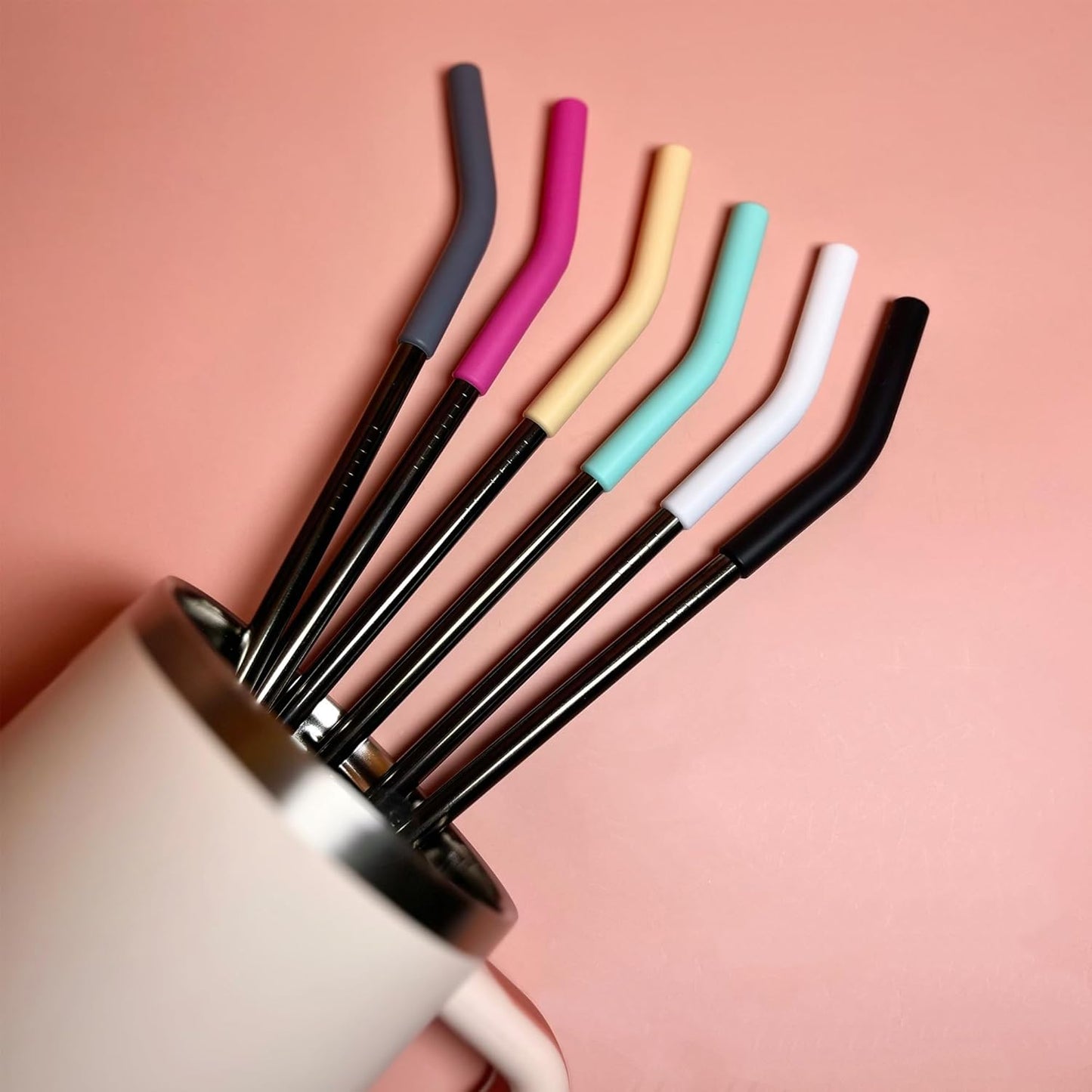 6 Pack 12 Inch Metal Stainless Steel Reusable Straight Straw,with 6Silicone Tips and 2Cleaning Brush,for 40oz Stanley, Hydrapeak, Owala Tumbler,Simple Modern 32 40oz Tumbler(8mm 3S3B)