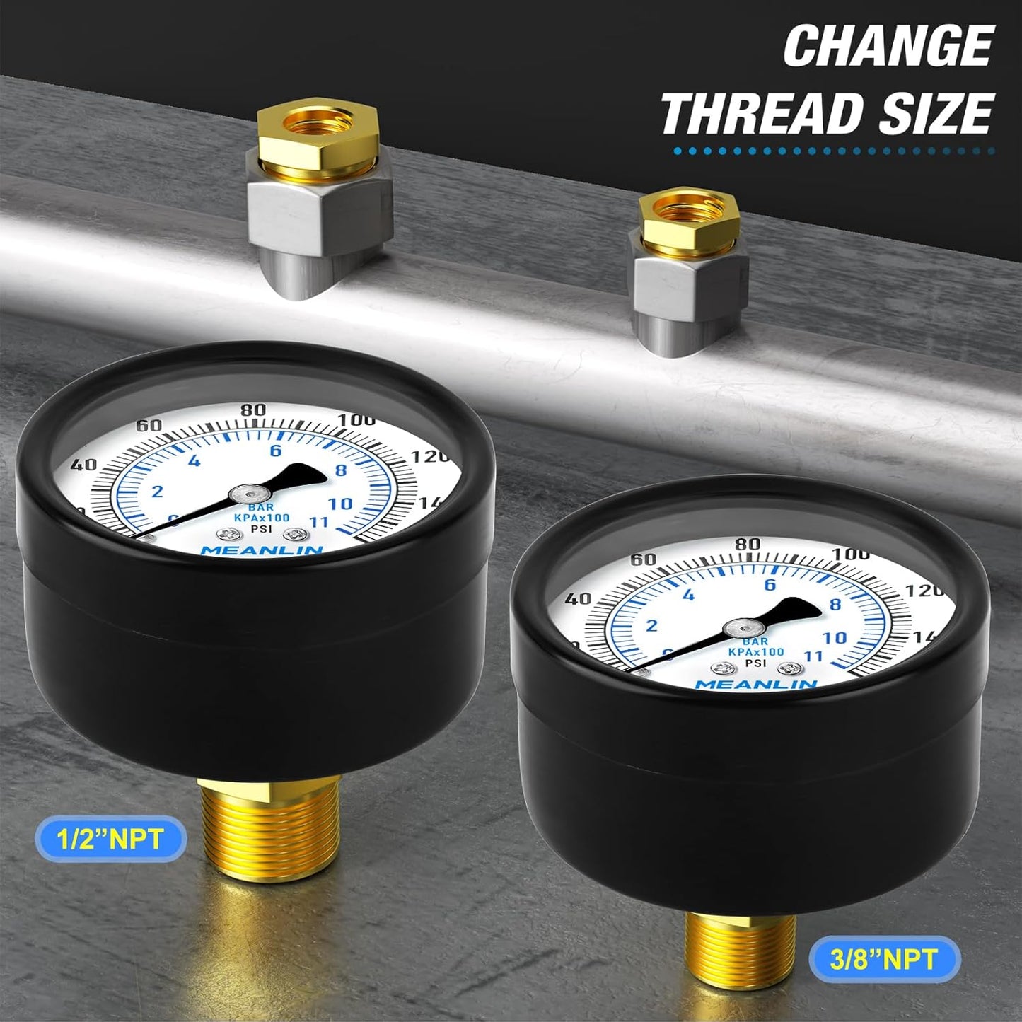 MEANLIN MEASURE 0-160Psi 2" DIAL FACE 1/4" NPT Well Pump Pressure Gauge, with 1/2" NPT and 3/8" NPT Hex Bushing, 3-2-3% Accuracy, Center Back Mount