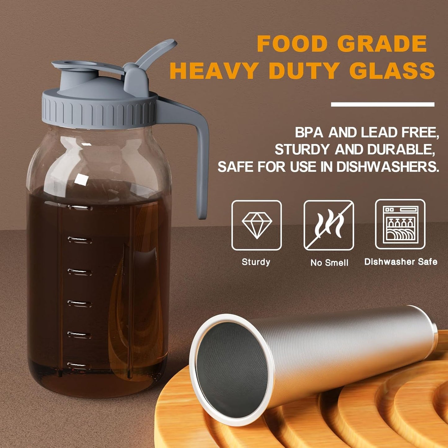 Cold Brew Coffee Maker Pitcher, 32 oz Thick Glass Mason Jar Spout Lid with Handle & Stainless Steel Filter for Iced Brew Coffee, Ice Lemonade, Sun Tea, Fruit Drinks Container