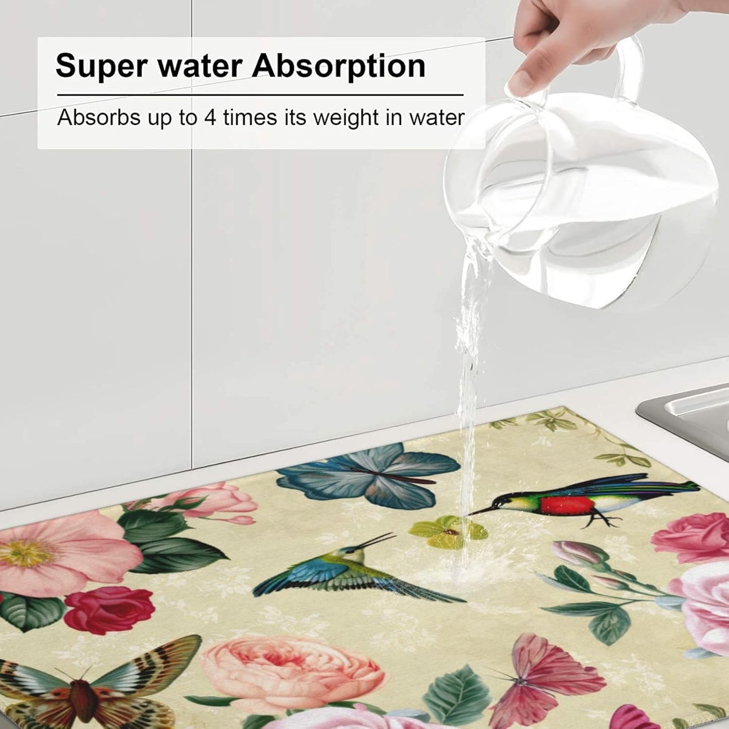 Large Dish Drying Mats For Kitchen Counter Microfiber Kitchen Drying Mat XL Draining Pad Absorbent Quick Drying Dish Mat 18x24 Inch - Birds Floral