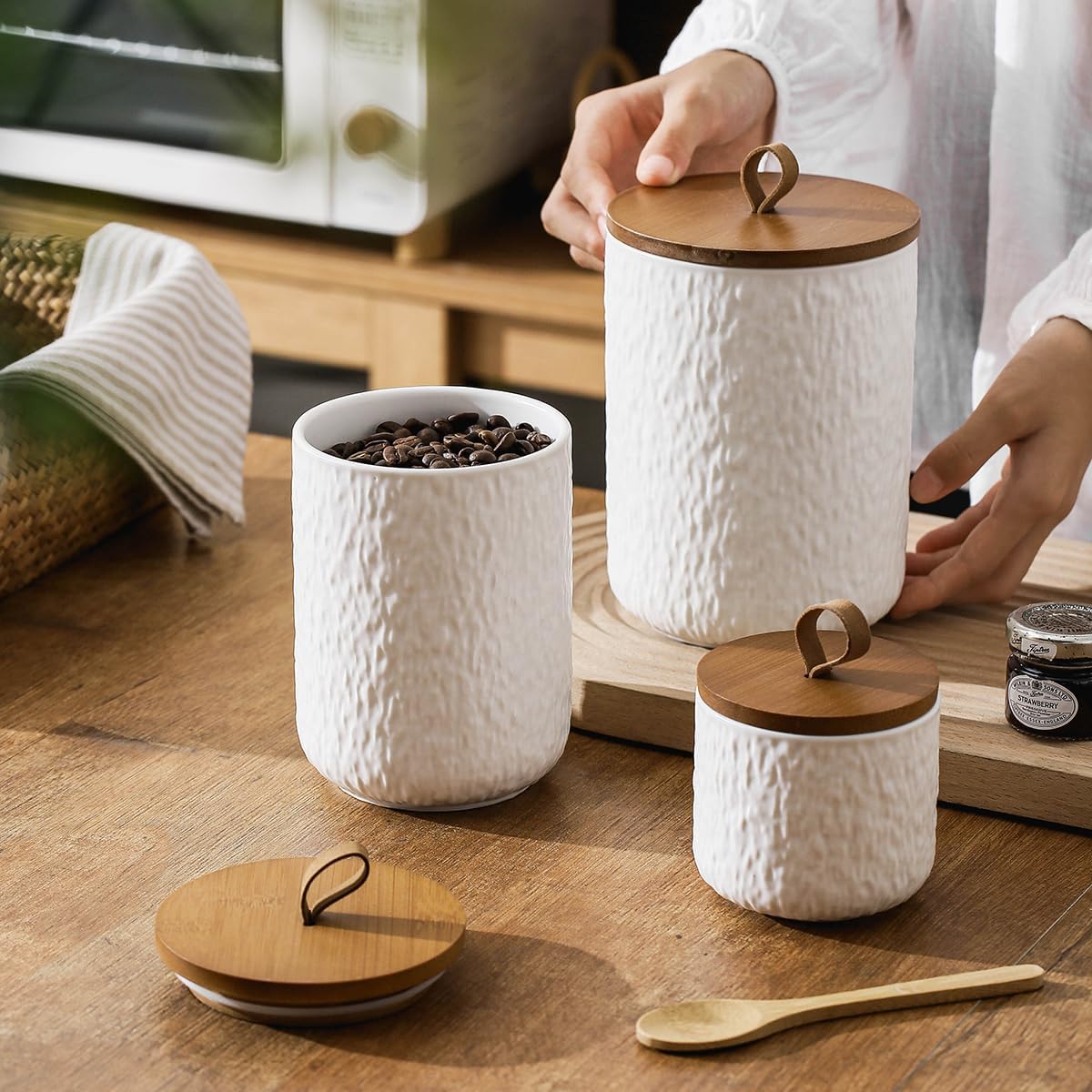 Black White Ceramic Coffee Canister Tea Canister with Seal Wood Lid, Airtight Coffee Storage Container for Coffee Bean, Ground Coffee, Sugar, Cookie Candy jar (White, 260ml)