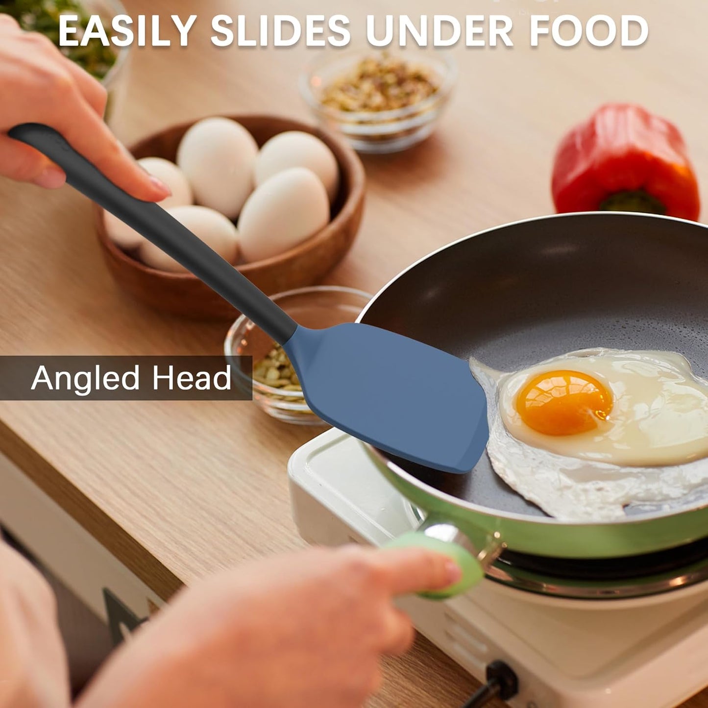 Coukre Silicone Spatula Set of 3, High Heat Resistant, BPA-Free, Kitchen Utensils, Fish Spatula, Solid & Slotted Turner for Non-Stick Pans, Flipping Eggs, Pancakes, Fish, Burgers (3, DarkBlue)