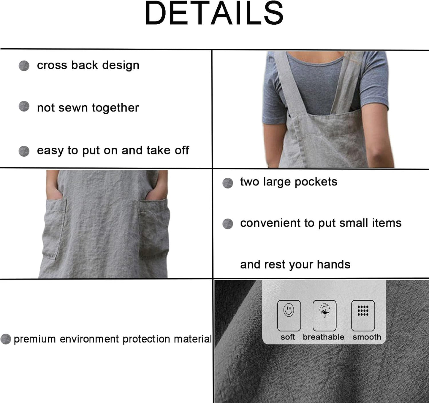 ZQFFB Pinafore Cross Back Apron for Women with Pockets Japanese Smock for Work Gardening Cooking Painting Baking