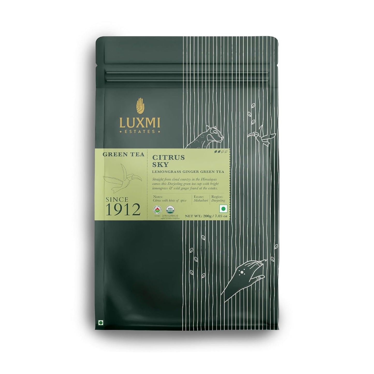 Luxmi Estates Citrus Sky Lemongrass Ginger Green Tea 200g Loose Leaf Pack | Certified Organic Darjeeling Green Tea | Citrus Flavor & Aroma | Natural Lemon Balm Tea - Calming, Supports Digestion | Lemon Grass Leaves | 100 Cups