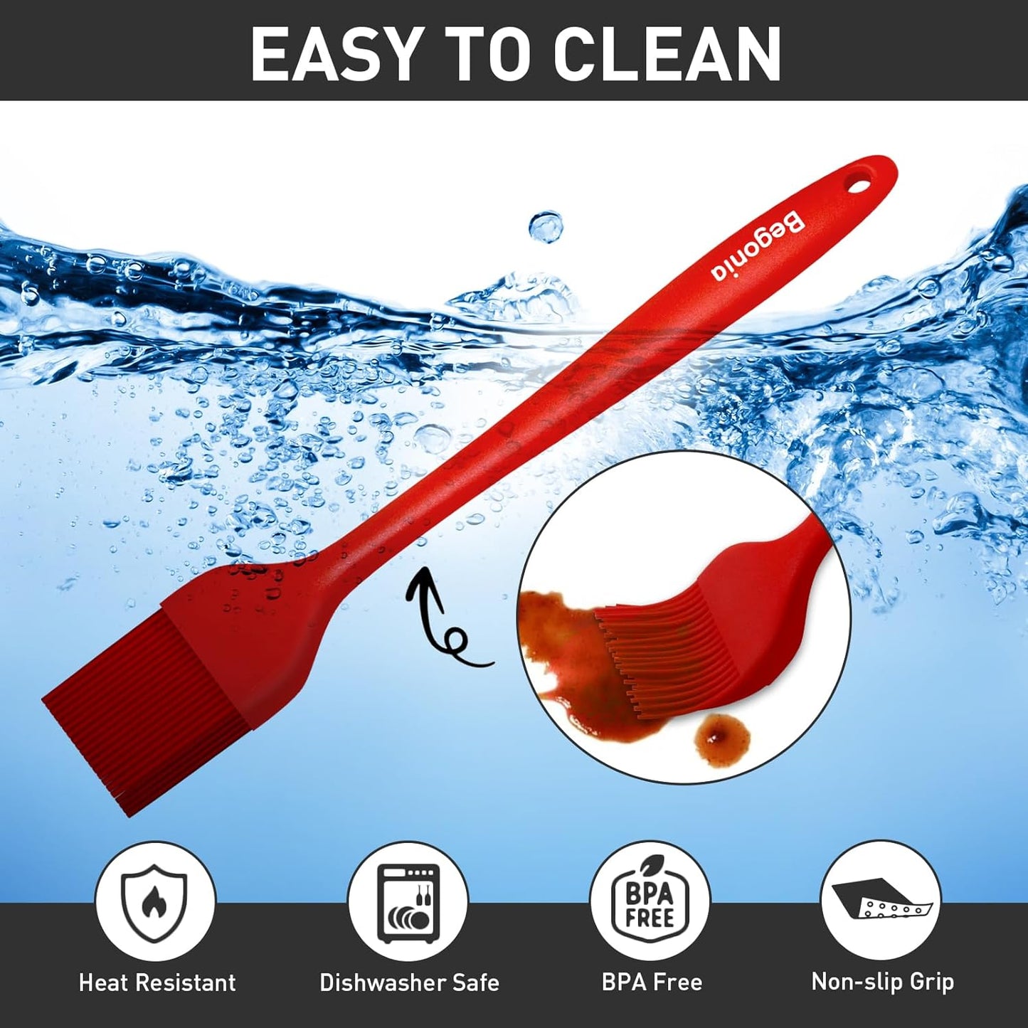 Begonia Silicone Basting Pastry Brush-2pcs Heat Resistant Cooking Brush for Oil, Sauce, Butter, BBQ, Grill and Marinade, BPA Free, Dishwasher Safe （Red）